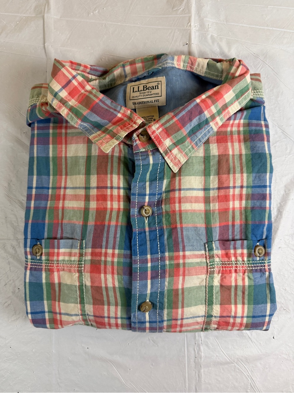 L.L. Bean Plaid Button-Down Shirt - Red, Green, Blue &‎ Cream